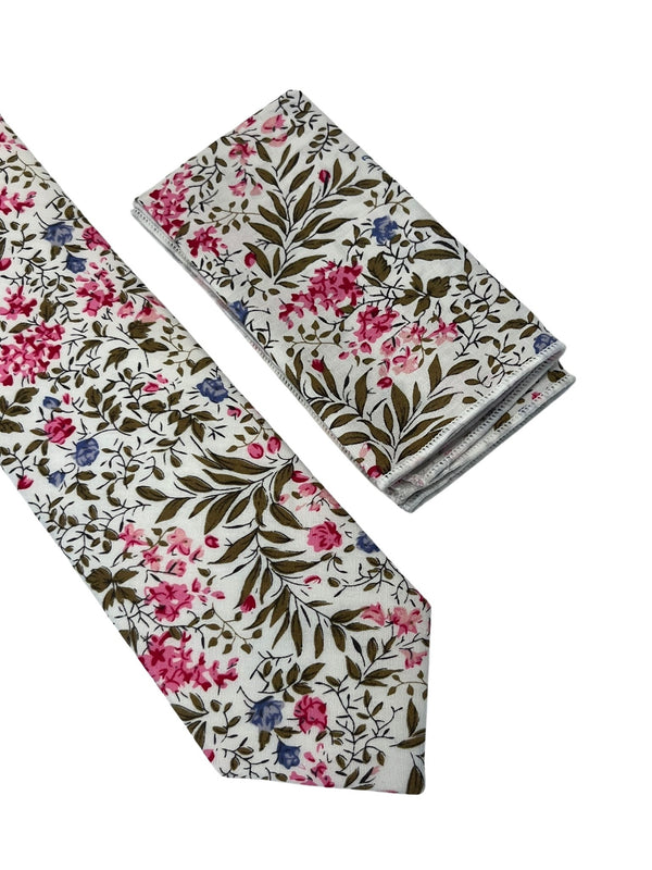 matching ivory pink cotton tie and pocket square with english wildflower garden design